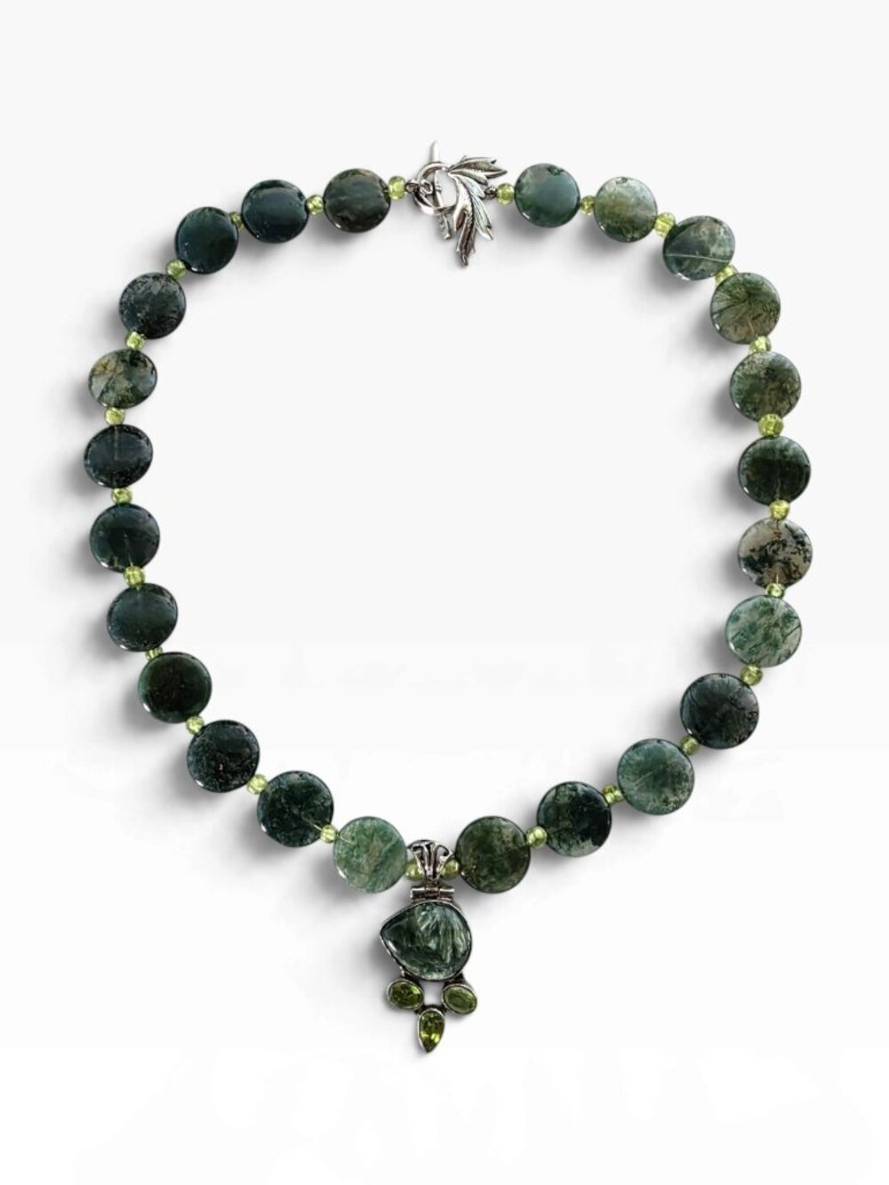 One-of-a-Kind Vintage Moss Agate Peridot 925 Sterling Silver Statement Necklace